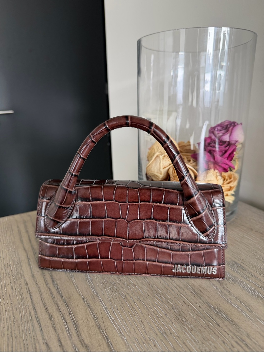 Jacquemus Chocolate Croc-Embossed Top-Handle Mini Bag